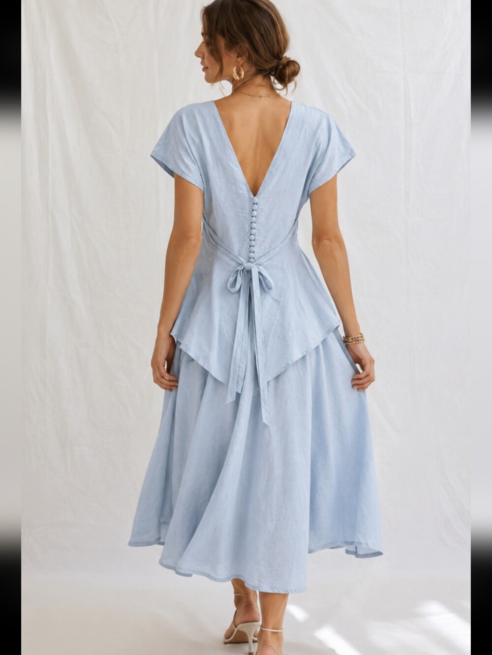 Nancy Johnson Vintage Linen Blend Sz 6 Blue Peplum Midi Dress Crochet Detail #C